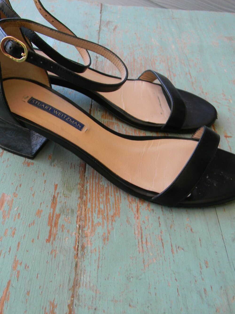 STUART WEITZMAN BLACK LEATHER ANKLE STRAP RESIN CLEAR BLOCK HEELS SZ 8.5M SPAIN